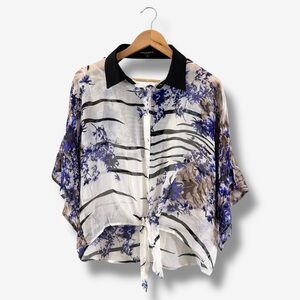 Alberto Makali Silk Blouse Size L Black White Purple Floral Open Back Sheer